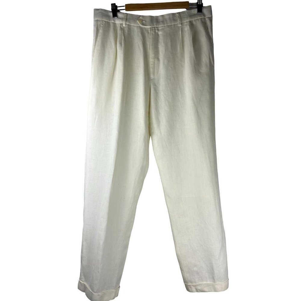 VTG Luxury Old Money Coastal Prep Spring Summer White Linen Slacks, Men's Large
